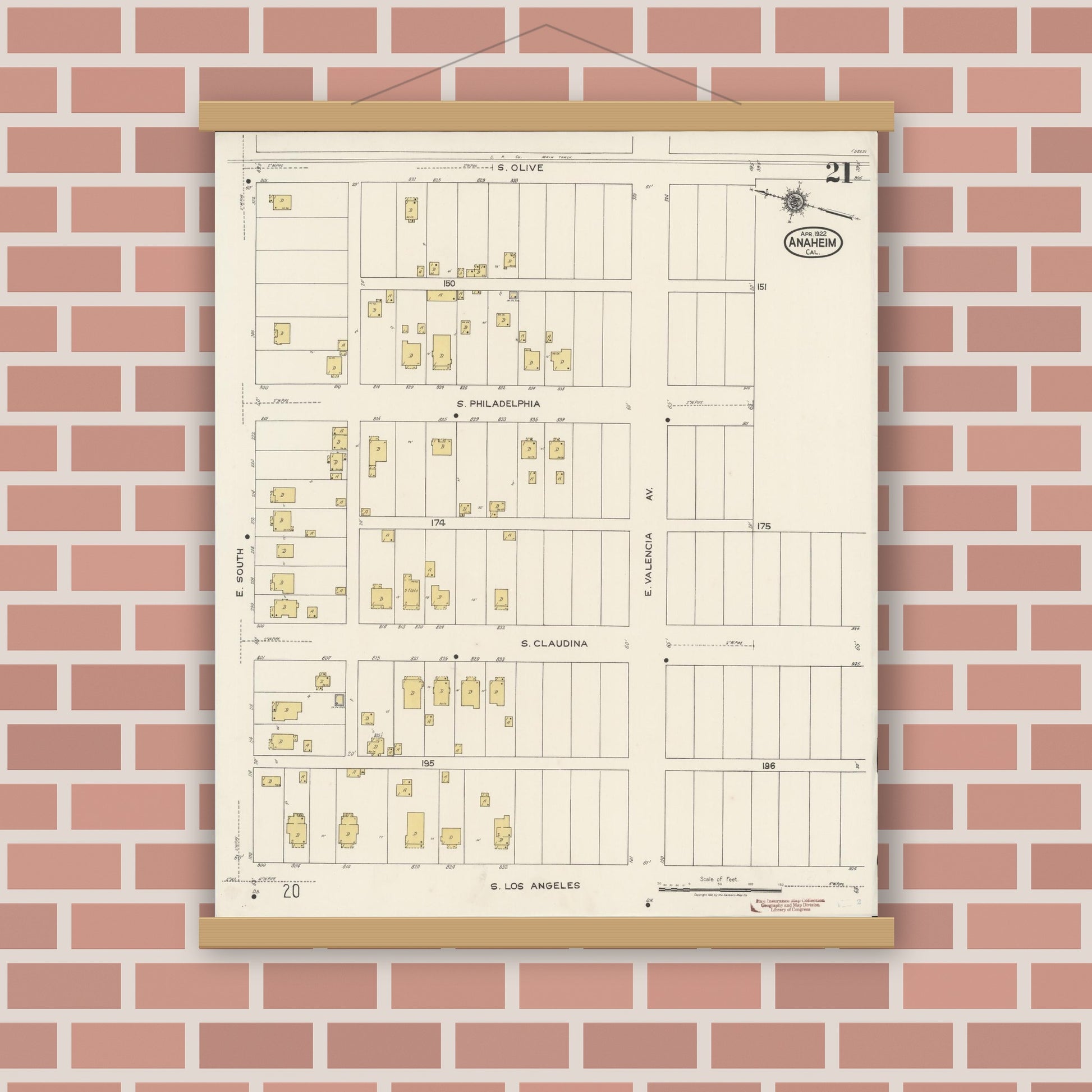 Old map wall art mockup — magnetic wood frame on brick wall — Sanborn Fire Insurance Map from Anaheim, Orange County, California (1922), Sheet #0021