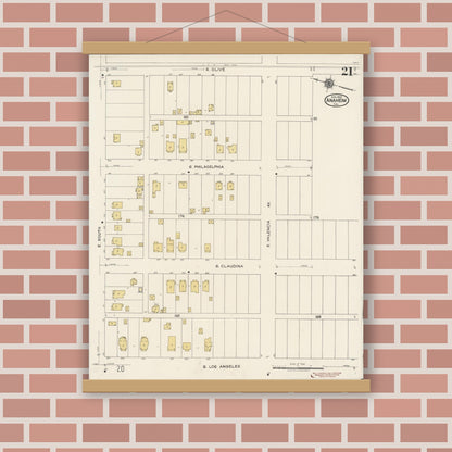 Old map wall art mockup — magnetic wood frame on brick wall — Sanborn Fire Insurance Map from Anaheim, Orange County, California (1922), Sheet #0021