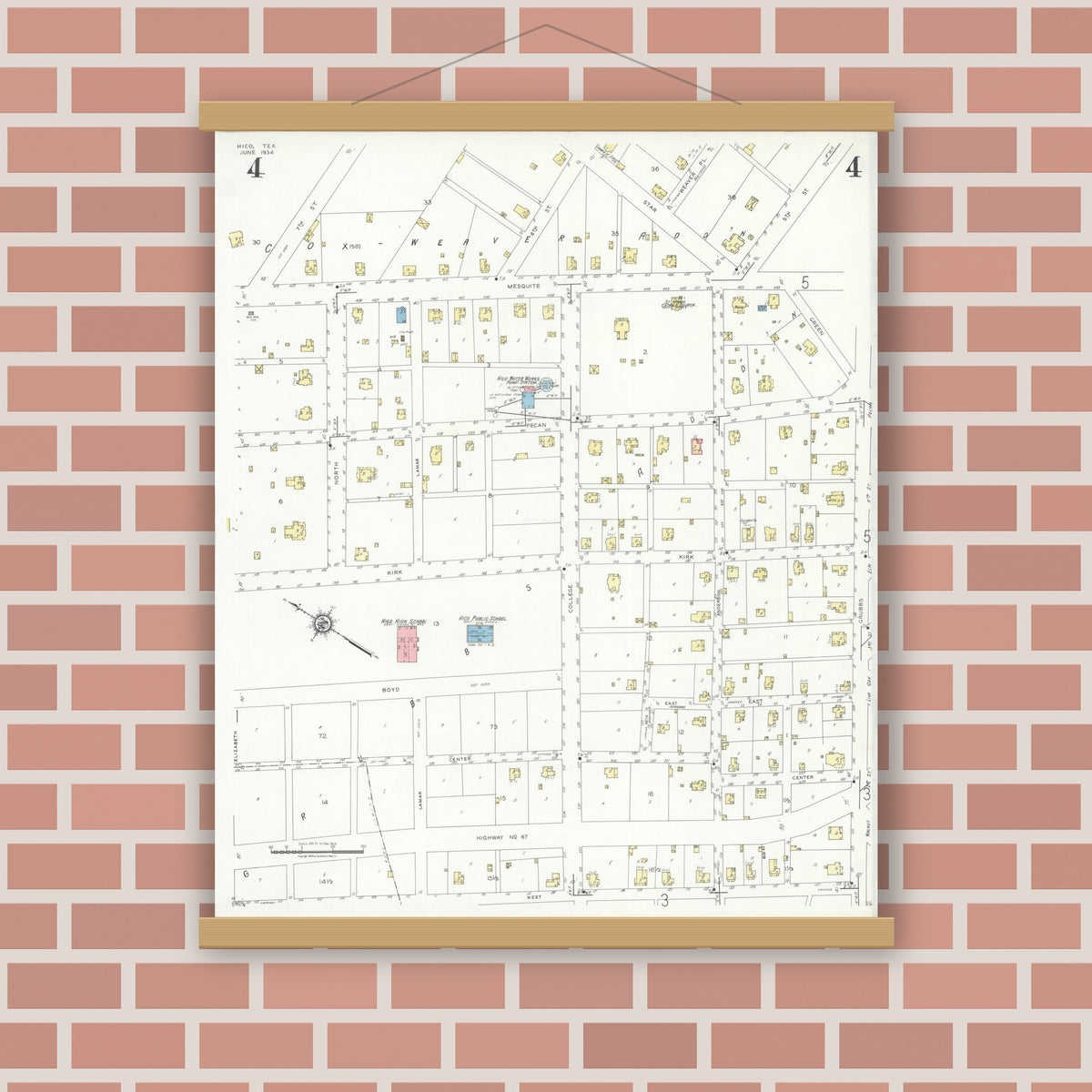 Old map wall art mockup — magnetic wood frame on brick wall — Sanborn Fire Insurance Map from Hico, Hamilton County, Texas (1934), Sheet #0004