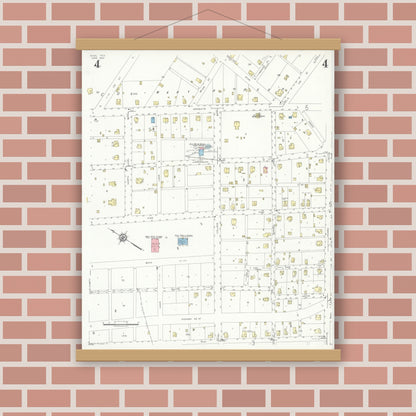 Old map wall art mockup — magnetic wood frame on brick wall — Sanborn Fire Insurance Map from Hico, Hamilton County, Texas (1934), Sheet #0004