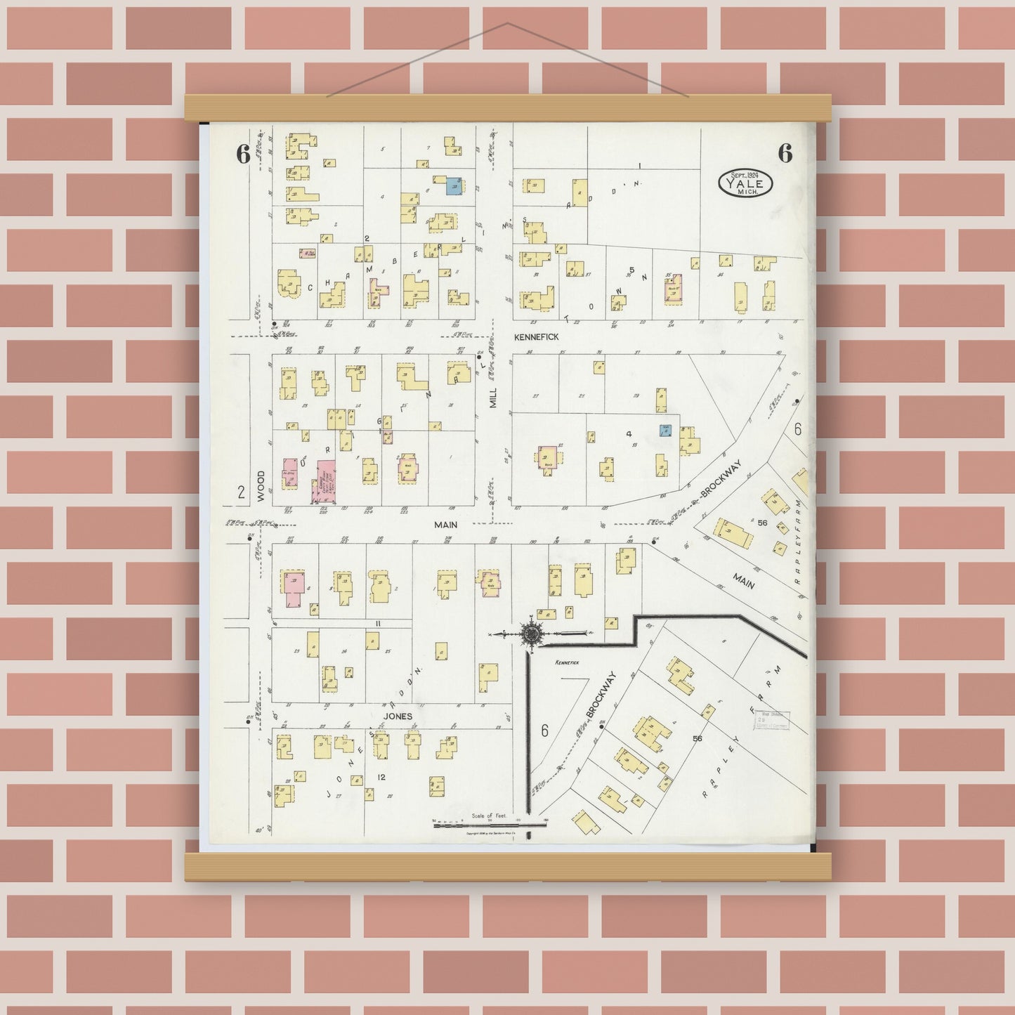 Old map wall art mockup — magnetic wood frame on brick wall — Sanborn Fire Insurance Map from Yale, Saint Clair County, Michigan (1924), Sheet #0006