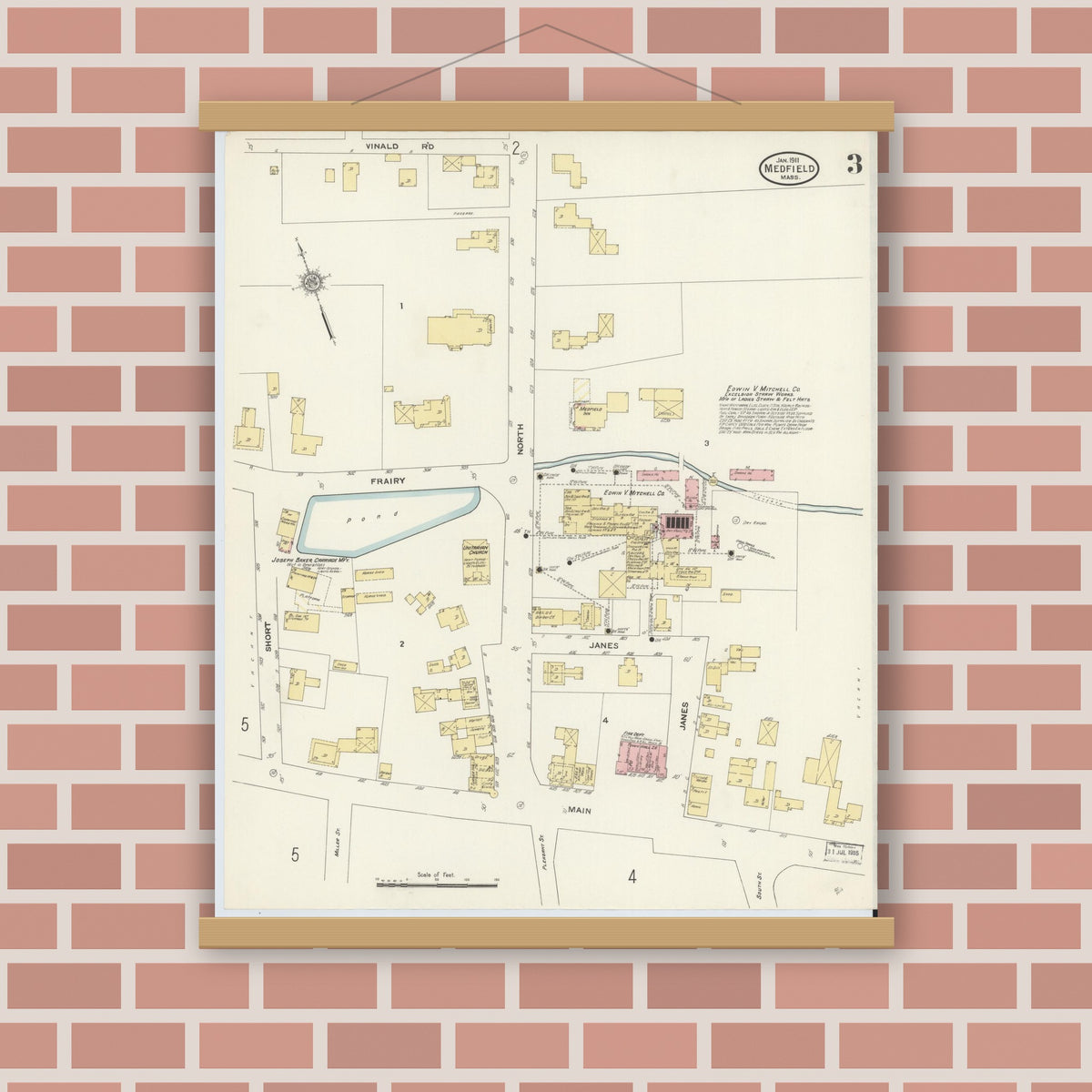 Old map wall art mockup — magnetic wood frame on brick wall — Sanborn Fire Insurance Map from Medfield, Norfolk County, Massachusetts (1911), Sheet #0003