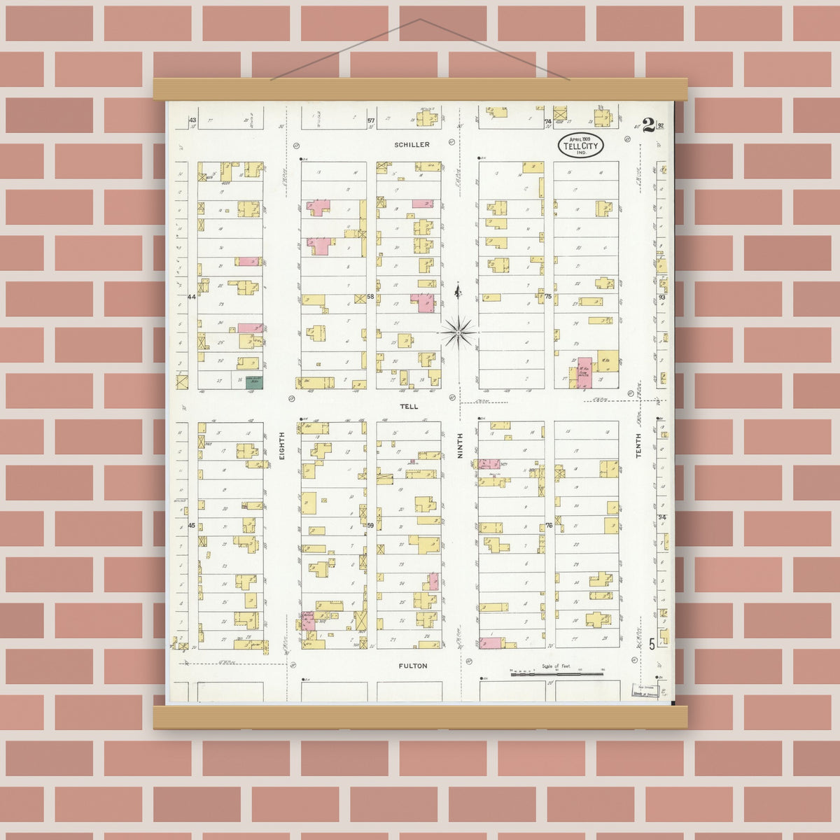 Old map wall art mockup — magnetic wood frame on brick wall — Sanborn Fire Insurance Map from Tell City, Perry County, Indiana (1909), Sheet #0002