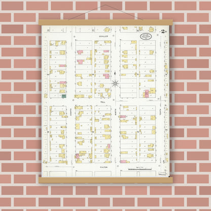 Old map wall art mockup — magnetic wood frame on brick wall — Sanborn Fire Insurance Map from Tell City, Perry County, Indiana (1909), Sheet #0002