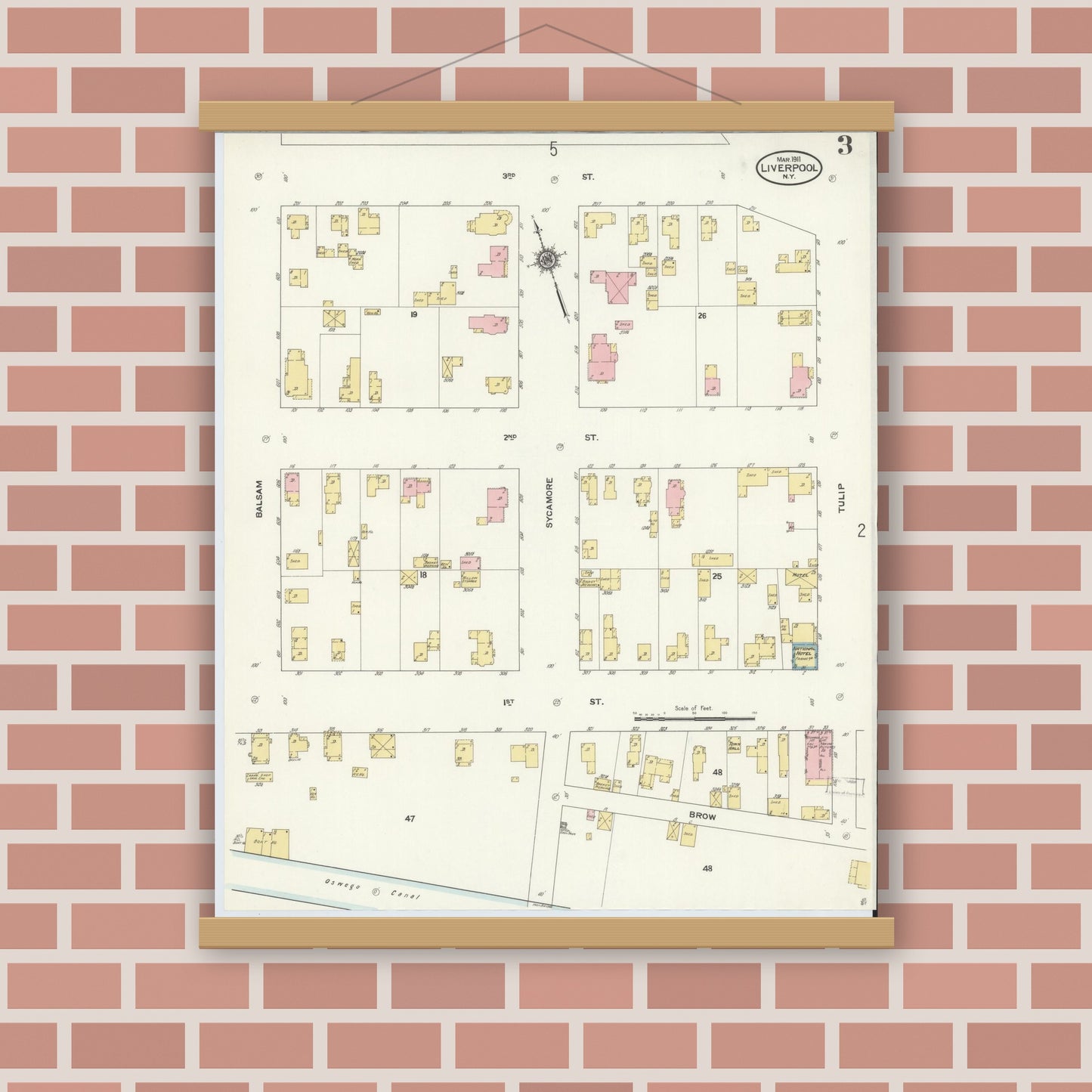 Old map wall art mockup — magnetic wood frame on brick wall — Sanborn Fire Insurance Map from Liverpool, Onondaga County, New York (1911), Sheet #0003