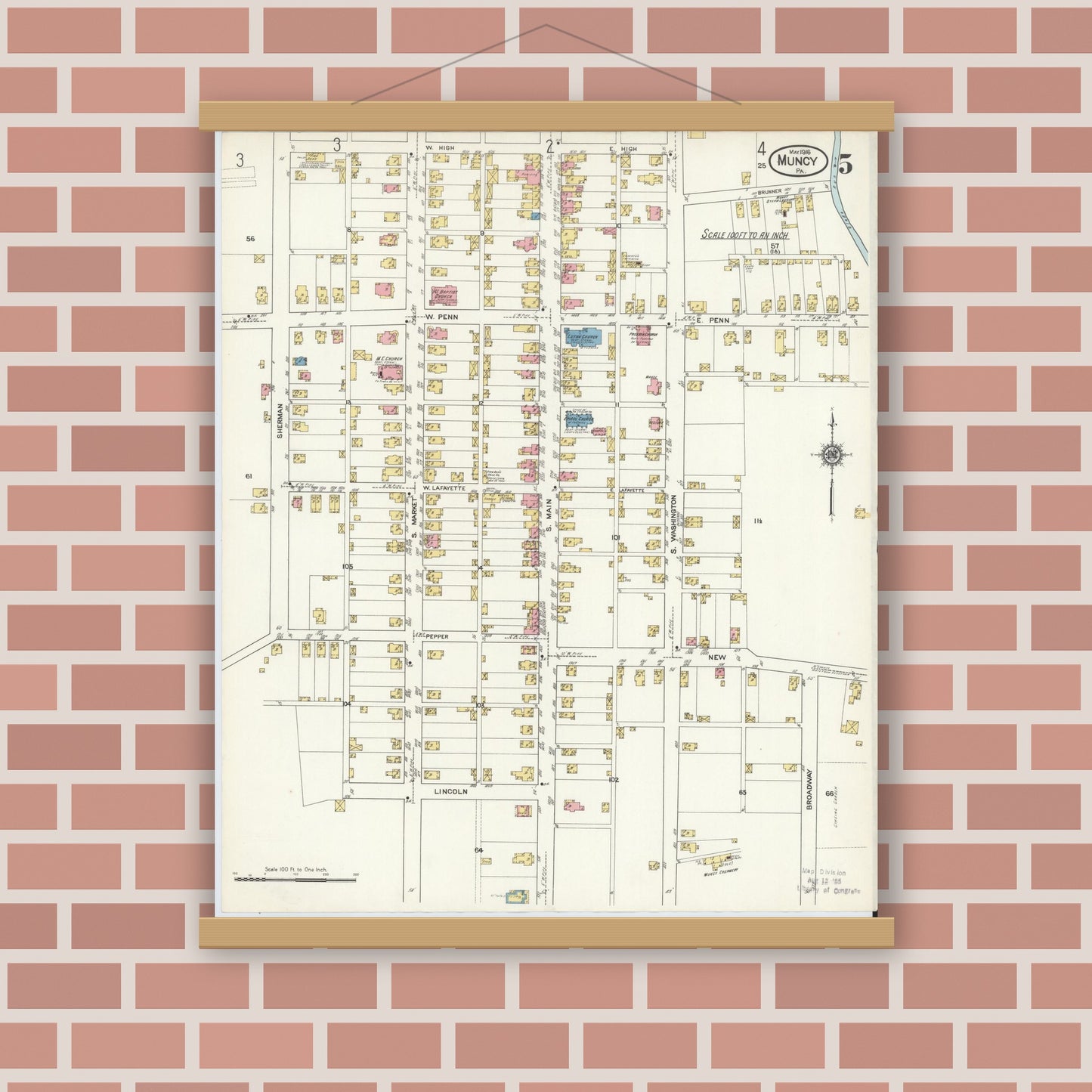 Old map wall art mockup — magnetic wood frame on brick wall — Sanborn Fire Insurance Map from Muncy, Lycoming County, Pennsylvania (1916), Sheet #0005