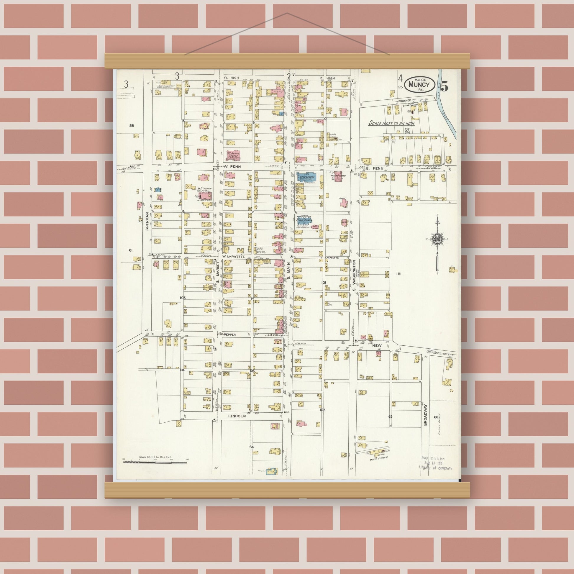 Old map wall art mockup — magnetic wood frame on brick wall — Sanborn Fire Insurance Map from Muncy, Lycoming County, Pennsylvania (1916), Sheet #0005