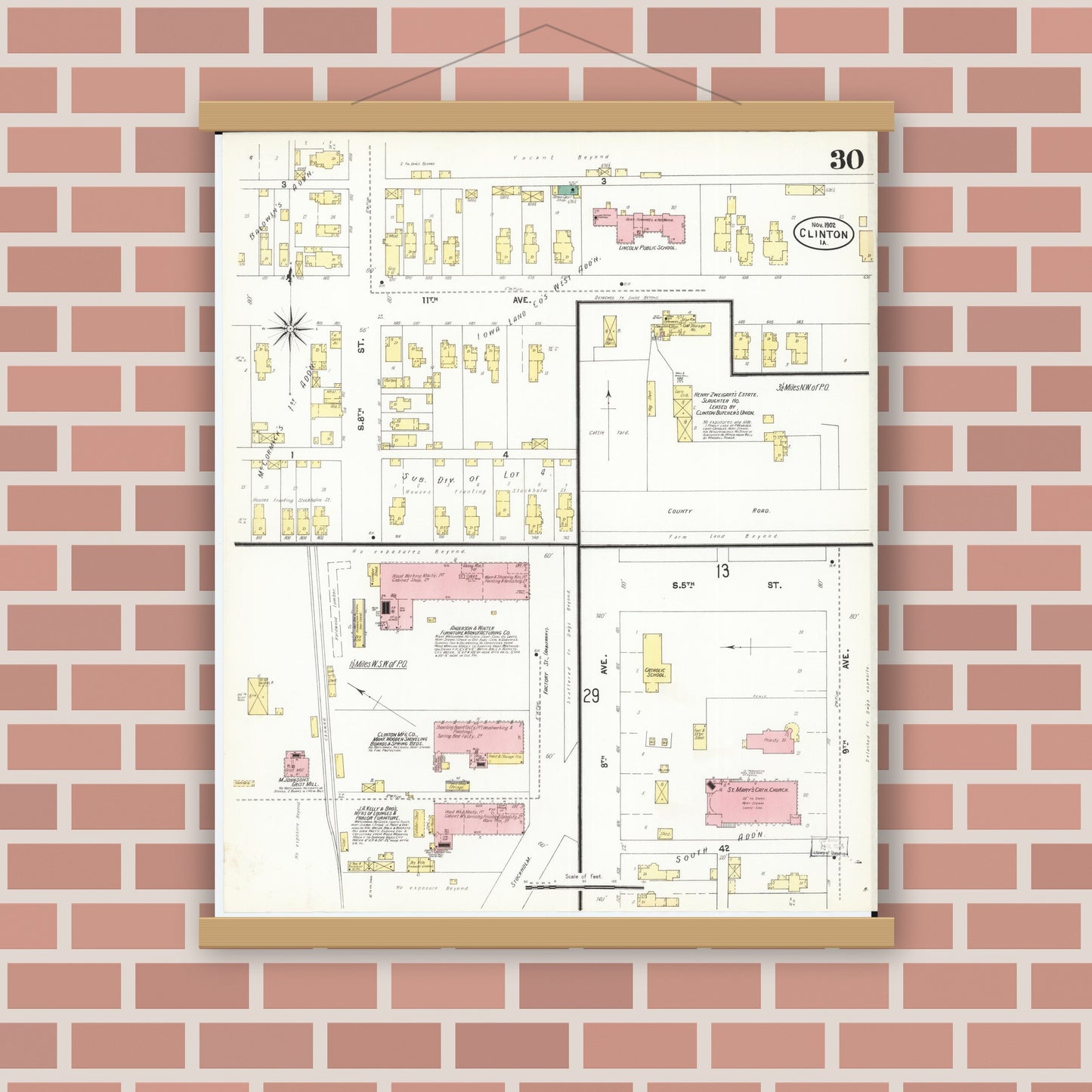Old map wall art mockup — magnetic wood frame on brick wall — Sanborn Fire Insurance Map from Clinton, Clinton County, Iowa (1902), Sheet #0030