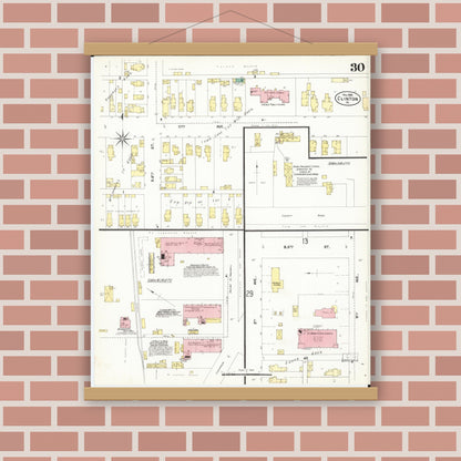 Old map wall art mockup — magnetic wood frame on brick wall — Sanborn Fire Insurance Map from Clinton, Clinton County, Iowa (1902), Sheet #0030