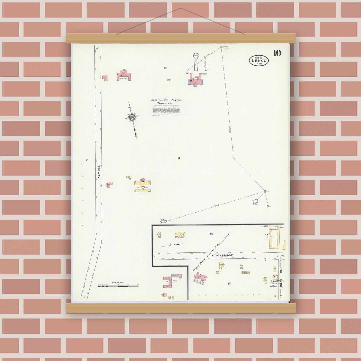Old map wall art mockup — magnetic wood frame on brick wall — Sanborn Fire Insurance Map from Lenox, Berkshire County, Massachusetts (1911), Sheet #0010