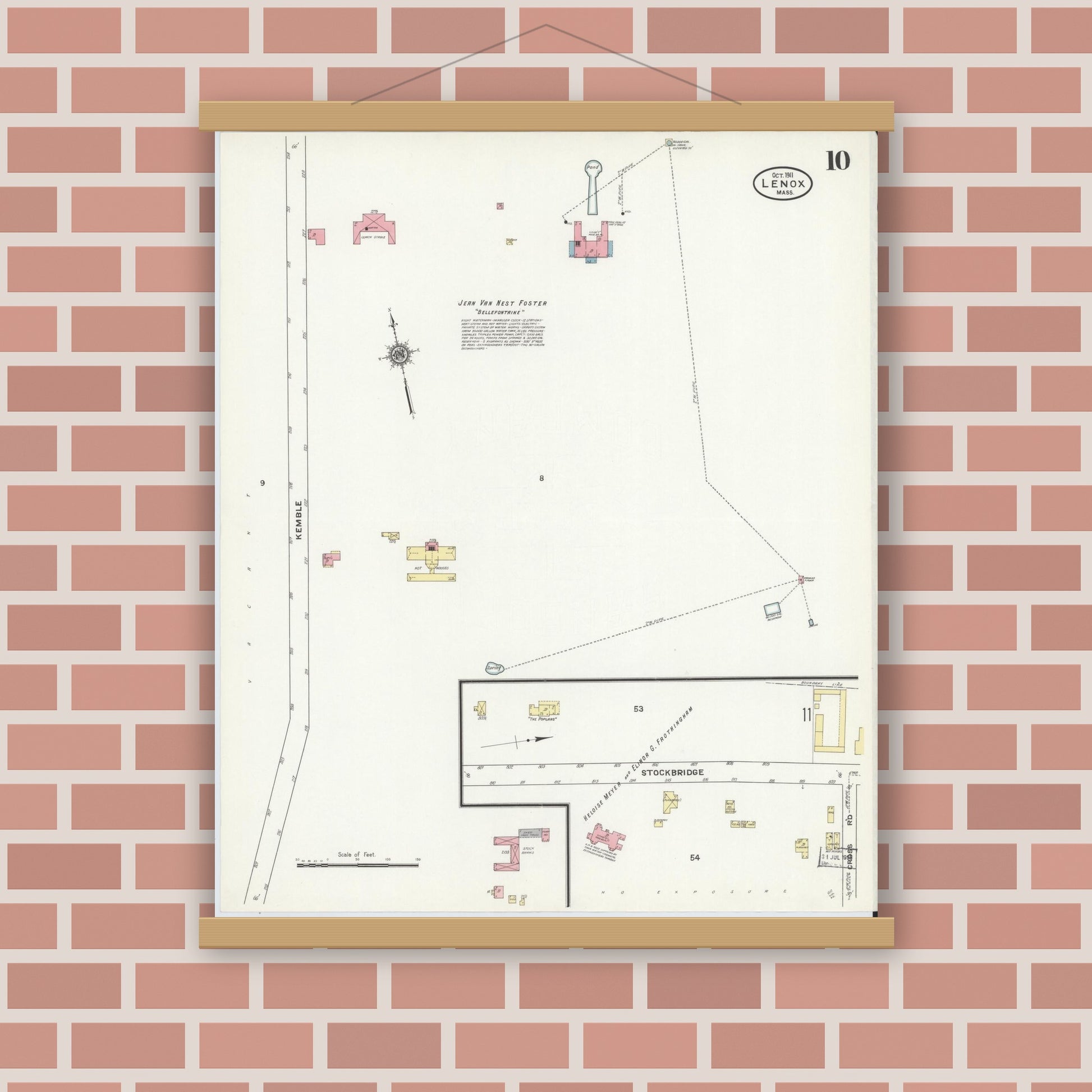 Old map wall art mockup — magnetic wood frame on brick wall — Sanborn Fire Insurance Map from Lenox, Berkshire County, Massachusetts (1911), Sheet #0010