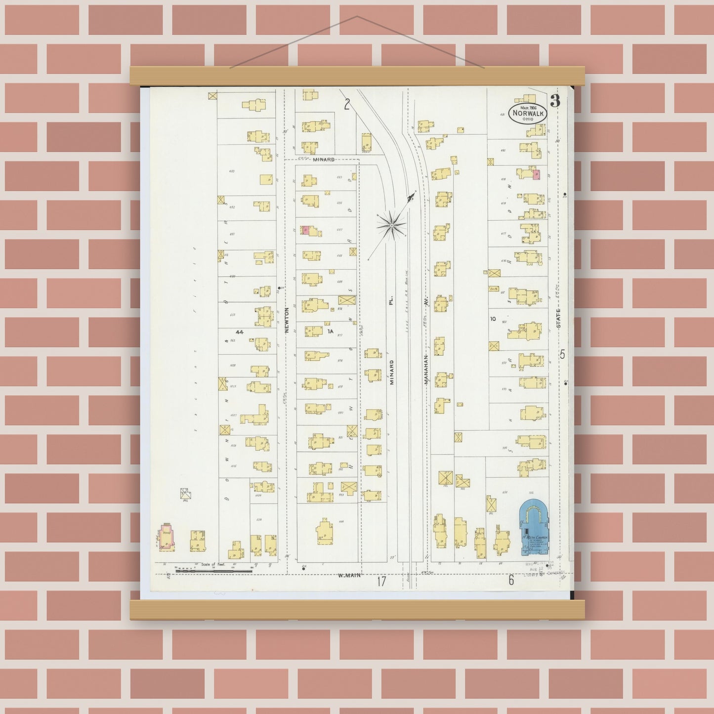 Old map wall art mockup — magnetic wood frame on brick wall — Sanborn Fire Insurance Map from Norwalk, Huron County, Ohio (1906), Sheet #0003