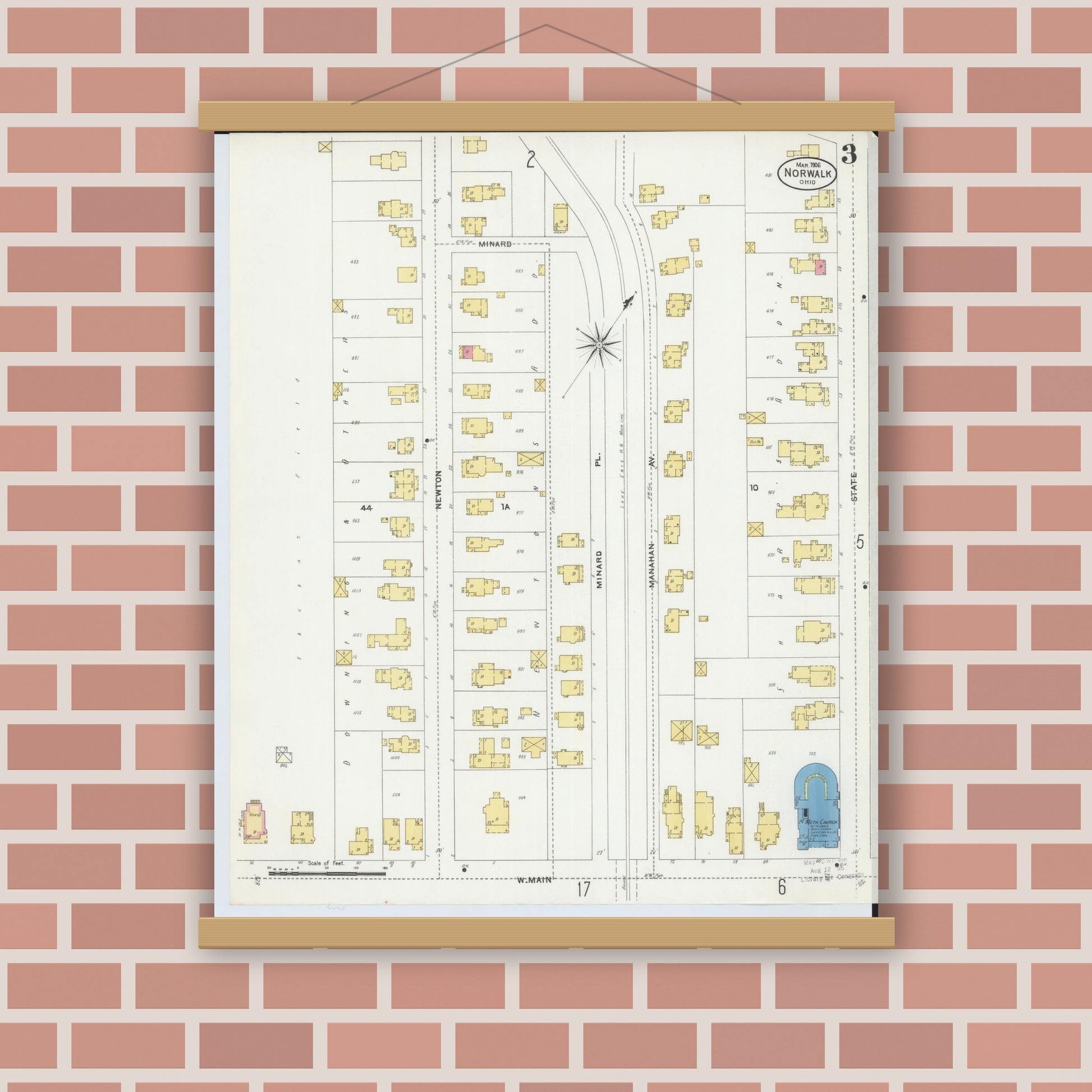 Old map wall art mockup — magnetic wood frame on brick wall — Sanborn Fire Insurance Map from Norwalk, Huron County, Ohio (1906), Sheet #0003