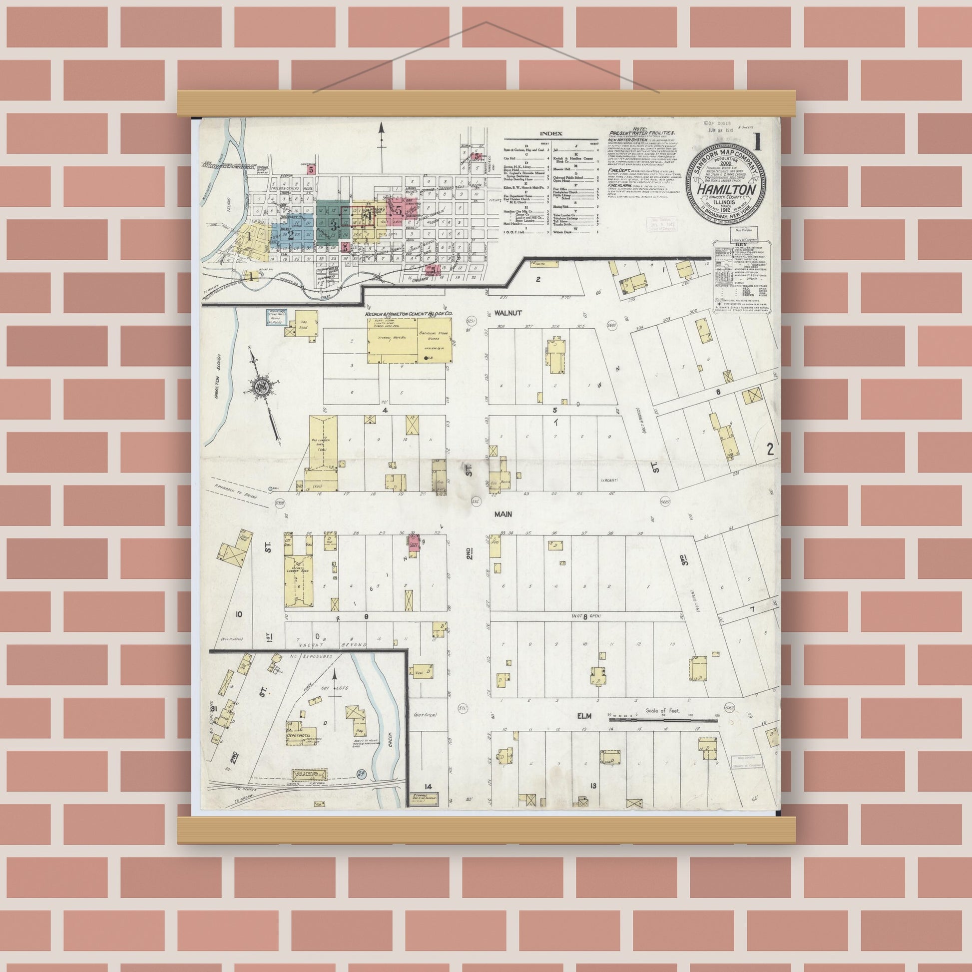 Old map wall art mockup — magnetic wood frame on brick wall — Sanborn Fire Insurance Map from Hamilton, Hancock County, Illinois (1912), Sheet #0001