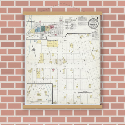 Old map wall art mockup — magnetic wood frame on brick wall — Sanborn Fire Insurance Map from Hamilton, Hancock County, Illinois (1912), Sheet #0001