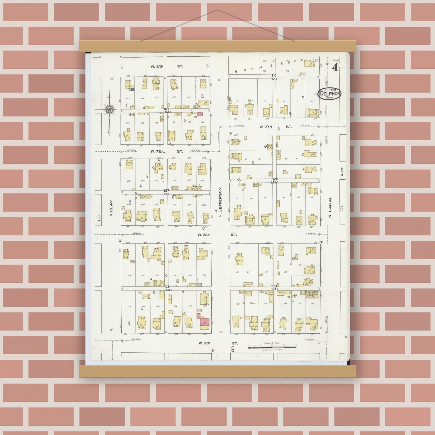 Old map wall art mockup — magnetic wood frame on brick wall — Sanborn Fire Insurance Map from Delphos, Van Wert And Allen Counties, Ohio (1921), Sheet #0004