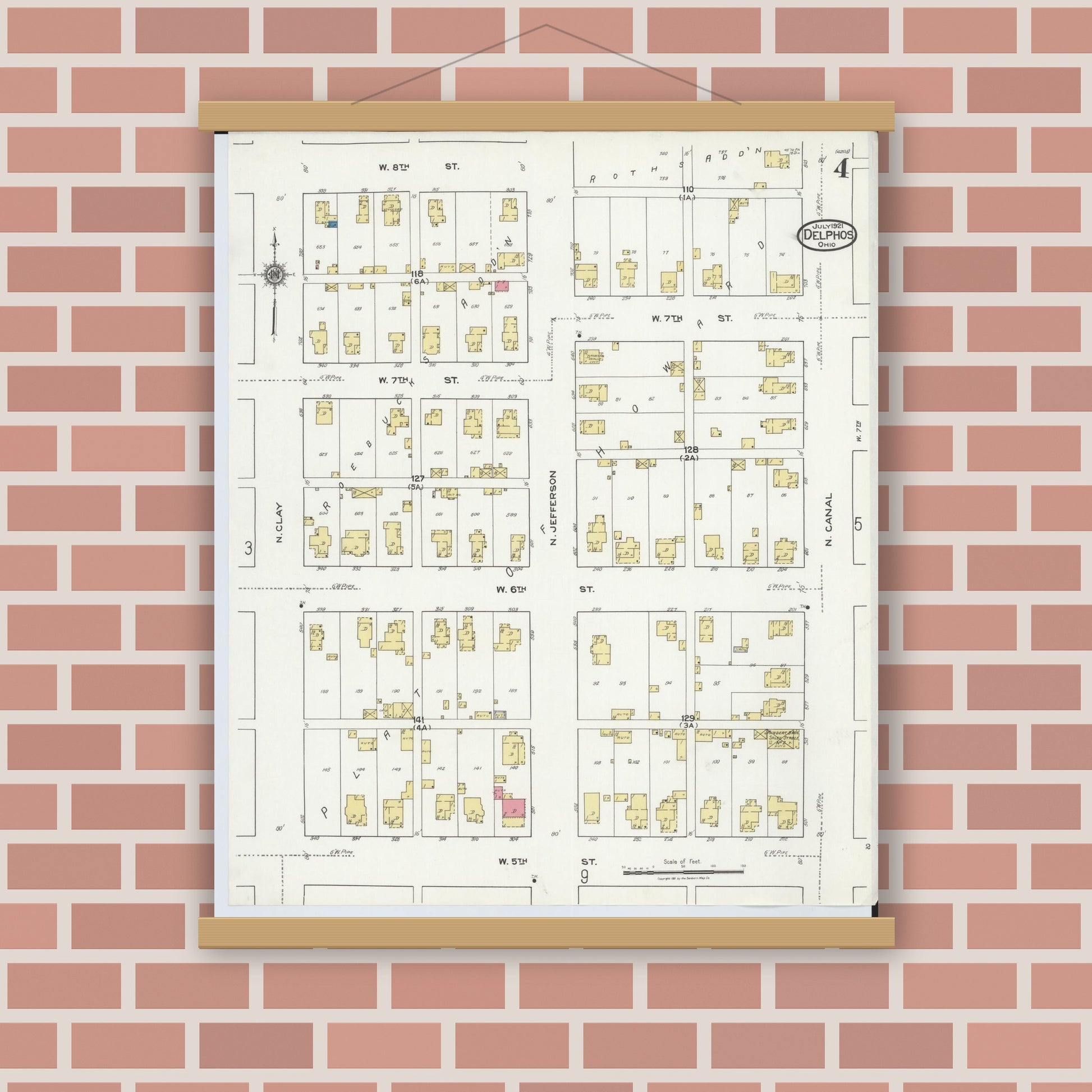 Old map wall art mockup — magnetic wood frame on brick wall — Sanborn Fire Insurance Map from Delphos, Van Wert And Allen Counties, Ohio (1921), Sheet #0004