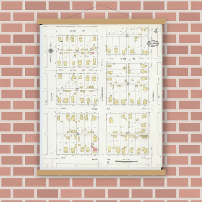 Old map wall art mockup — magnetic wood frame on brick wall — Sanborn Fire Insurance Map from Delphos, Van Wert And Allen Counties, Ohio (1921), Sheet #0004