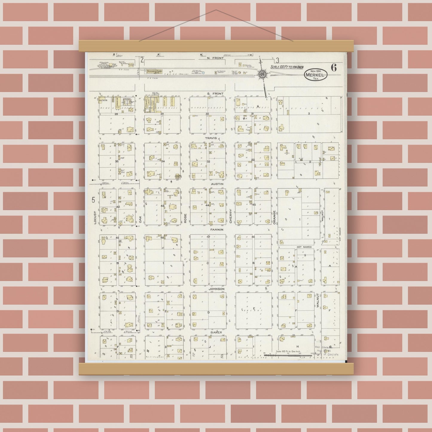 Old map wall art mockup — magnetic wood frame on brick wall — Sanborn Fire Insurance Map from Merkel, Taylor County, Texas (1914), Sheet #0006