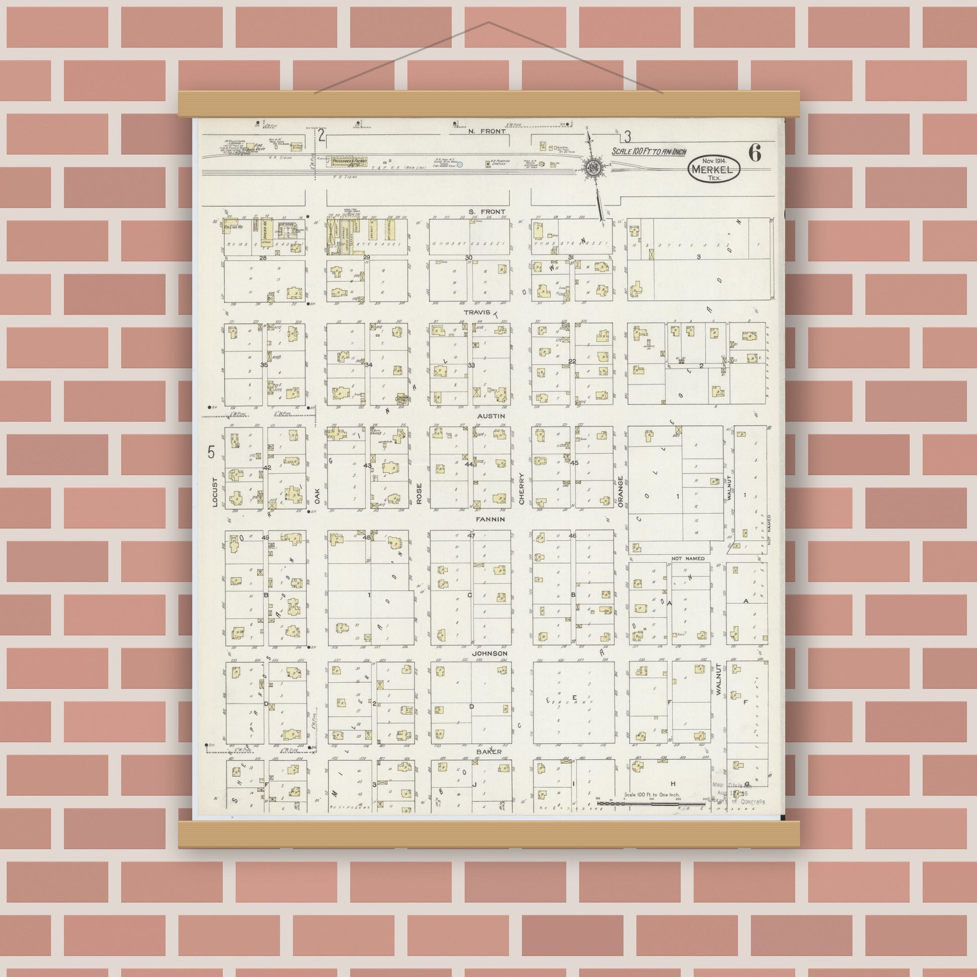 Old map wall art mockup — magnetic wood frame on brick wall — Sanborn Fire Insurance Map from Merkel, Taylor County, Texas (1914), Sheet #0006