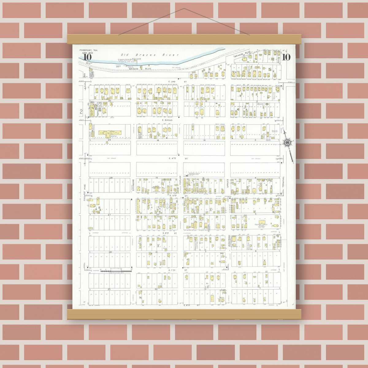 Old map wall art mockup — magnetic wood frame on brick wall — Sanborn Fire Insurance Map from Freeport, Brazoria County, Texas (1943), Sheet #0010