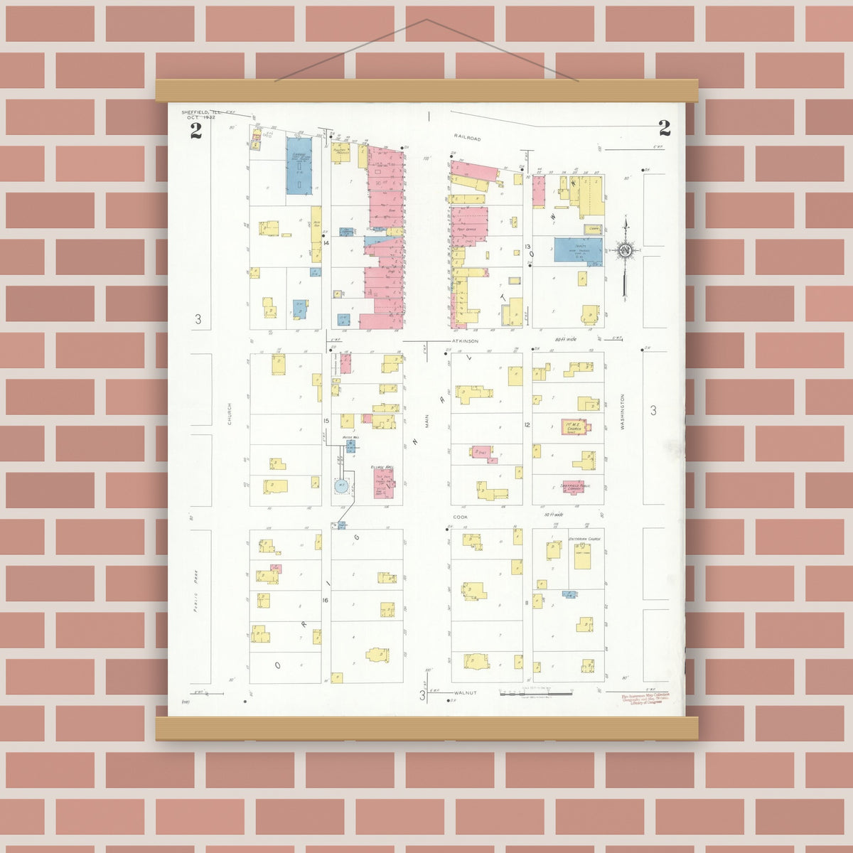 Old map wall art mockup — magnetic wood frame on brick wall — Sanborn Fire Insurance Map from Sheffield, Bureau County, Illinois (1932), Sheet #0002