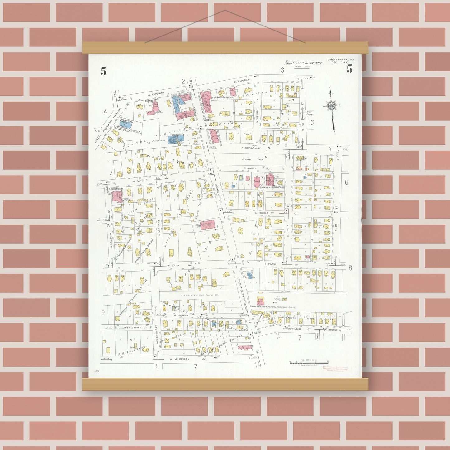 Old map wall art mockup — magnetic wood frame on brick wall — Sanborn Fire Insurance Map from Libertyville, Lake County, Illinois (1933), Sheet #0005
