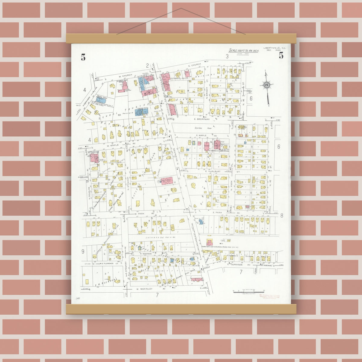 Old map wall art mockup — magnetic wood frame on brick wall — Sanborn Fire Insurance Map from Libertyville, Lake County, Illinois (1933), Sheet #0005