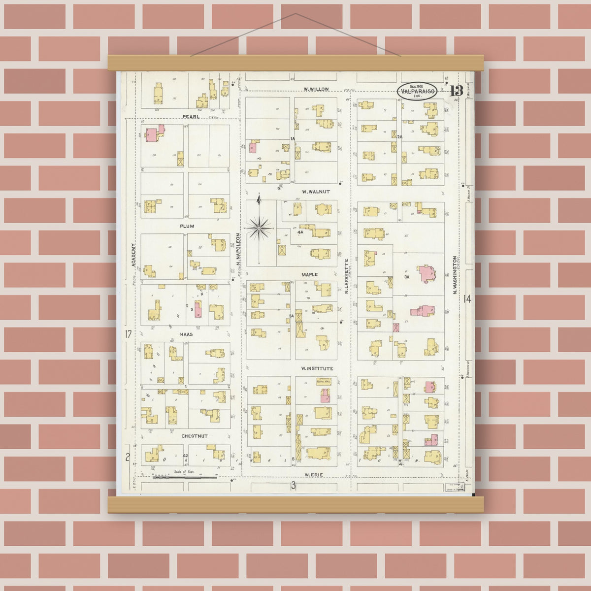 Old map wall art mockup — magnetic wood frame on brick wall — Sanborn Fire Insurance Map from Valparaiso, Porter County, Indiana (1905), Sheet #0013