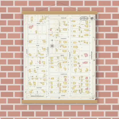 Old map wall art mockup — magnetic wood frame on brick wall — Sanborn Fire Insurance Map from Valparaiso, Porter County, Indiana (1905), Sheet #0013