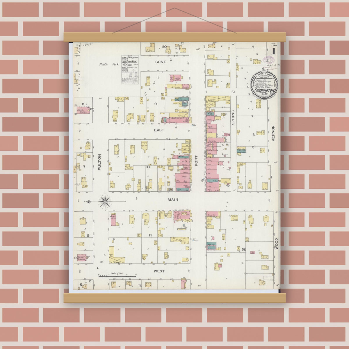 Old map wall art mockup — magnetic wood frame on brick wall — Sanborn Fire Insurance Map from Farmington, Fulton County, Illinois (1893) - Complete Map Set