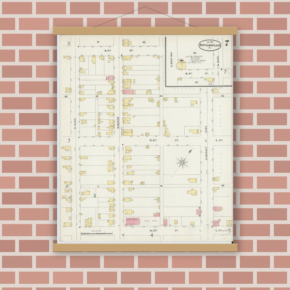 Old map wall art mockup — magnetic wood frame on brick wall — Sanborn Fire Insurance Map from Northumberland, Northumberland County, Pennsylvania (1896), Sheet #0007