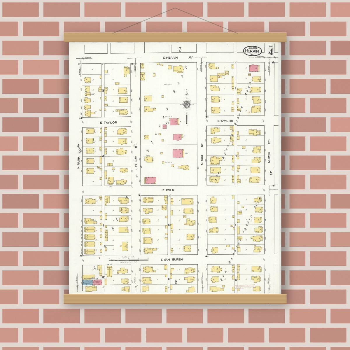 Old map wall art mockup — magnetic wood frame on brick wall — Sanborn Fire Insurance Map from Herrin, Williamson County, Illinois (1922), Sheet #0004