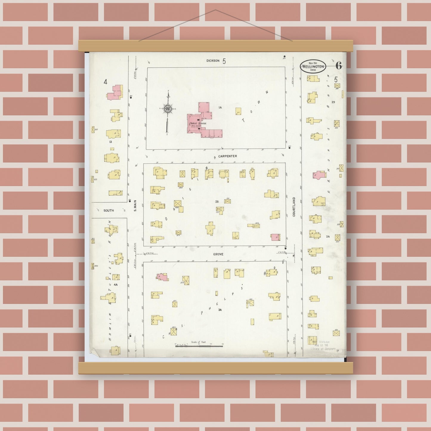 Old map wall art mockup — magnetic wood frame on brick wall — Sanborn Fire Insurance Map from Wellington, Lorain County, Ohio (1911), Sheet #0006