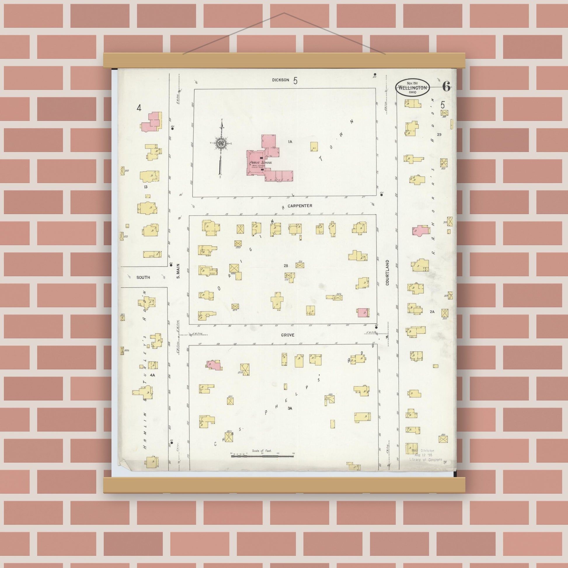 Old map wall art mockup — magnetic wood frame on brick wall — Sanborn Fire Insurance Map from Wellington, Lorain County, Ohio (1911), Sheet #0006