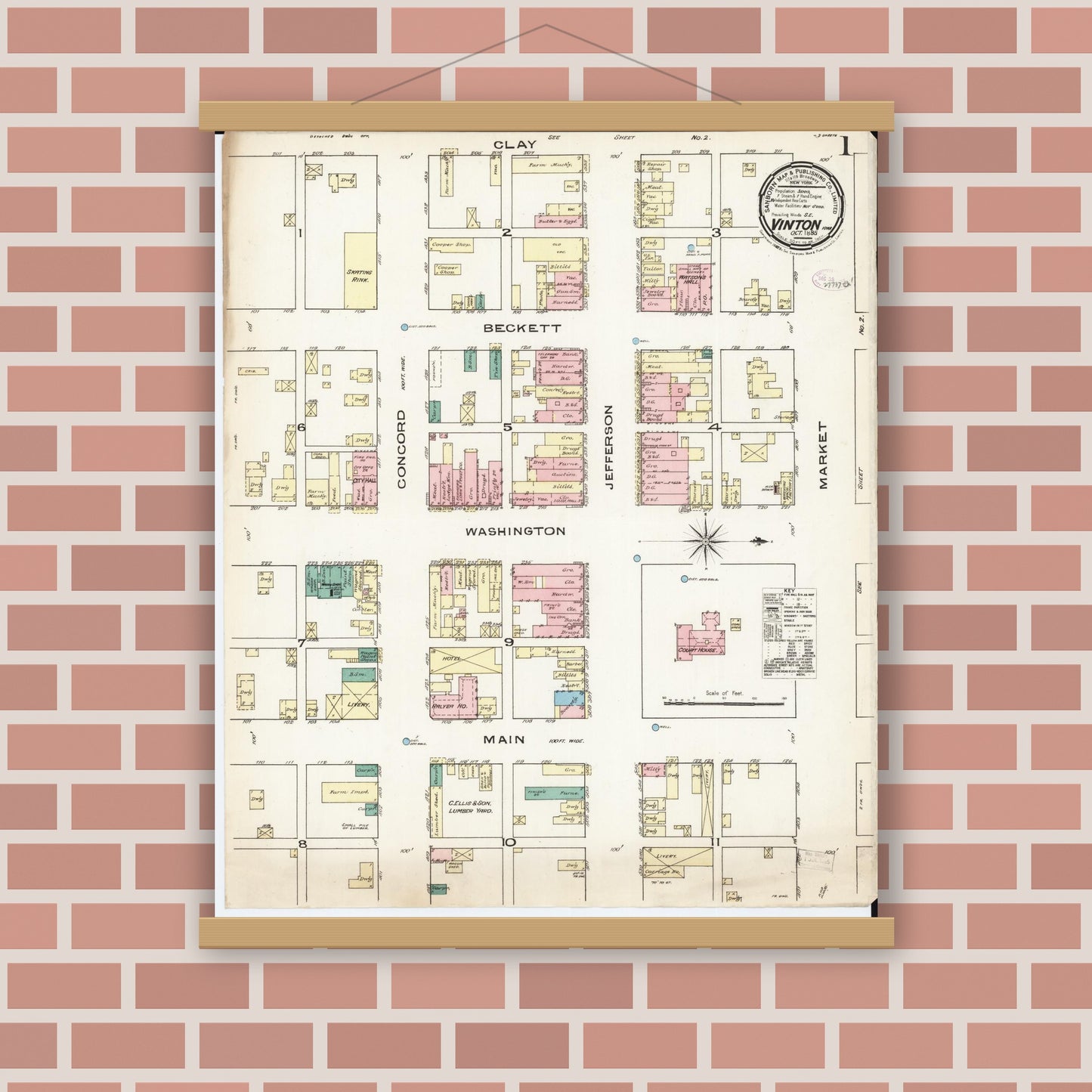 Old map wall art mockup — magnetic wood frame on brick wall — Sanborn Fire Insurance Map from Vinton, Benton County, Iowa (1885) â€” Complete Set