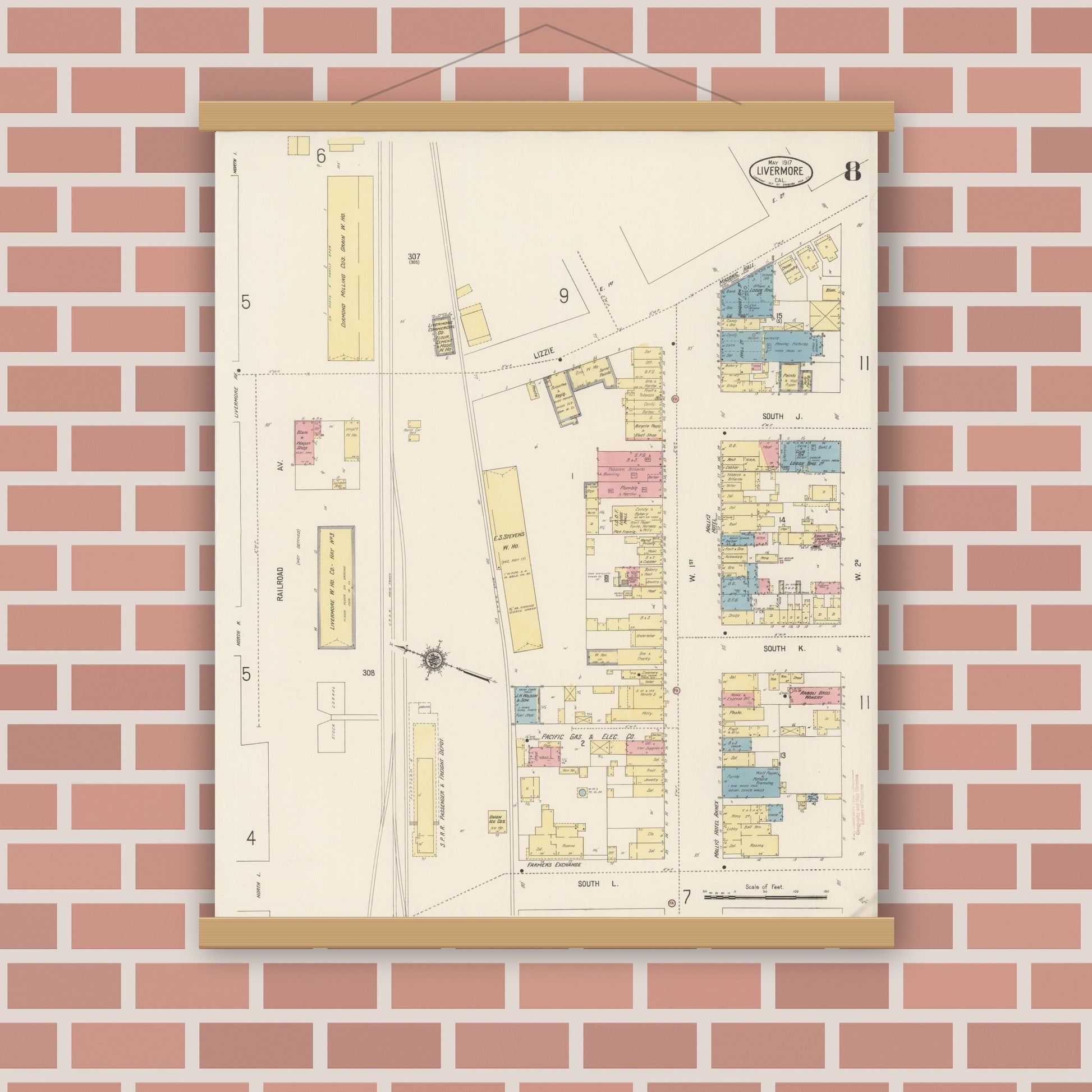 Old map wall art mockup — magnetic wood frame on brick wall — Sanborn Fire Insurance Map from Livermore, Alameda County, California (1917), Sheet #0008