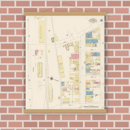 Old map wall art mockup — magnetic wood frame on brick wall — Sanborn Fire Insurance Map from Livermore, Alameda County, California (1917), Sheet #0008