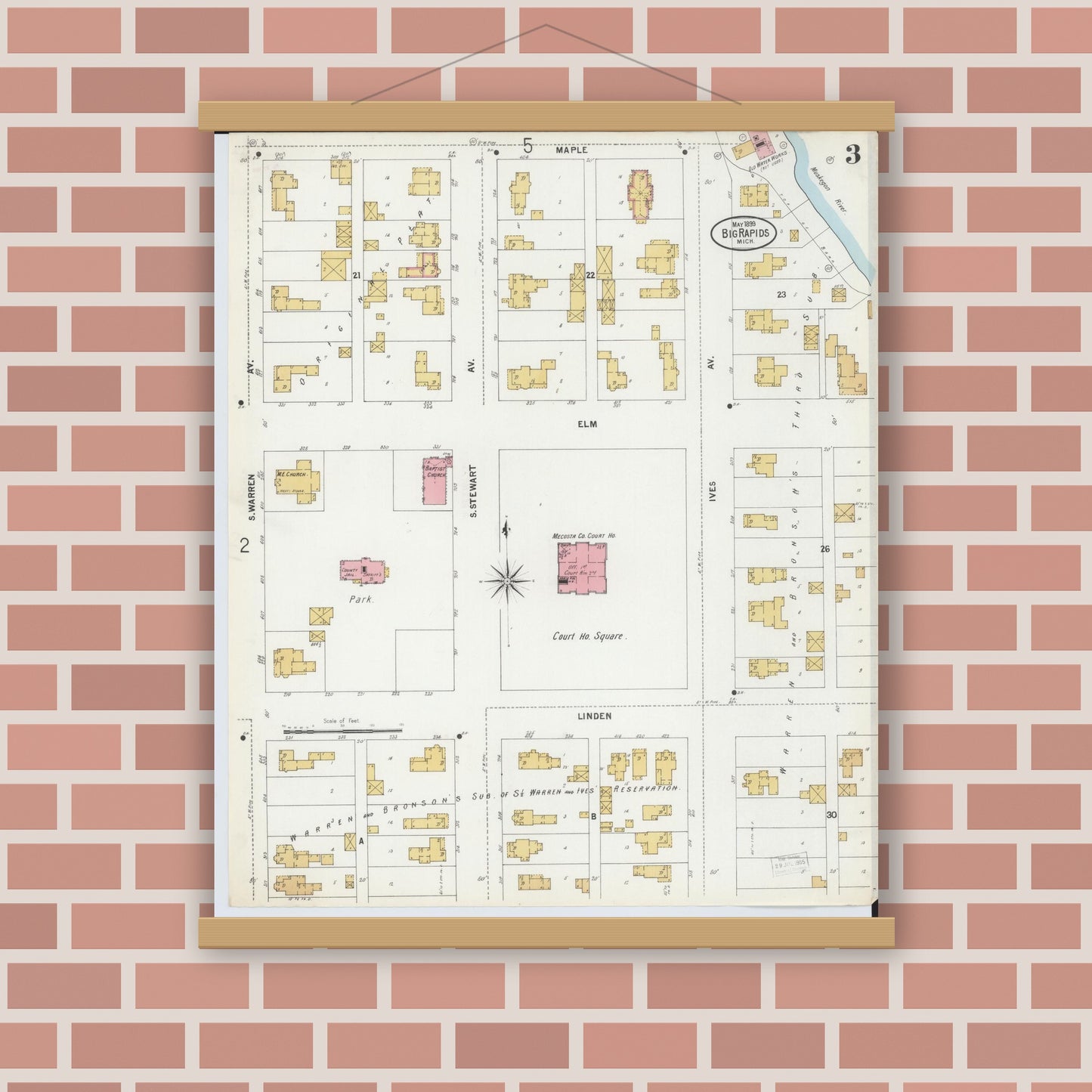 Old map wall art mockup — magnetic wood frame on brick wall — Sanborn Fire Insurance Map from Big Rapids, Mecosta County, Michigan (1899), Sheet #0003