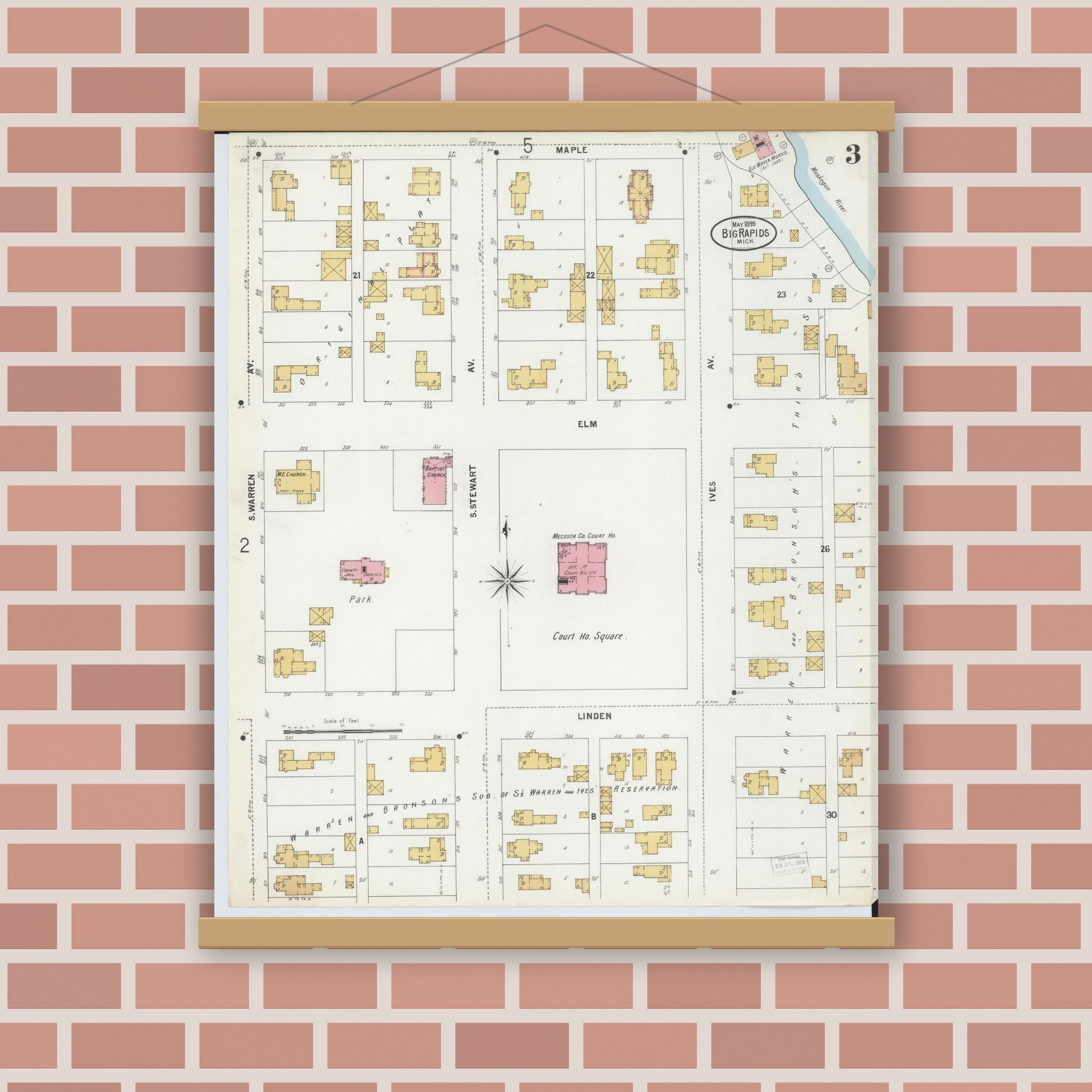 Old map wall art mockup — magnetic wood frame on brick wall — Sanborn Fire Insurance Map from Big Rapids, Mecosta County, Michigan (1899), Sheet #0003