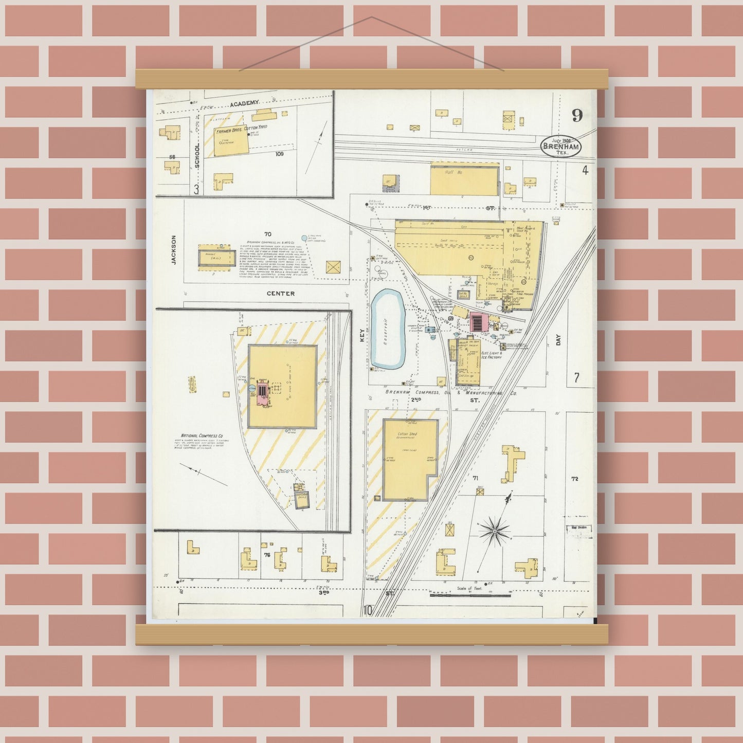 Old map wall art mockup — magnetic wood frame on brick wall — Sanborn Fire Insurance Map from Brenham, Washington County, Texas (1906), Sheet #0009