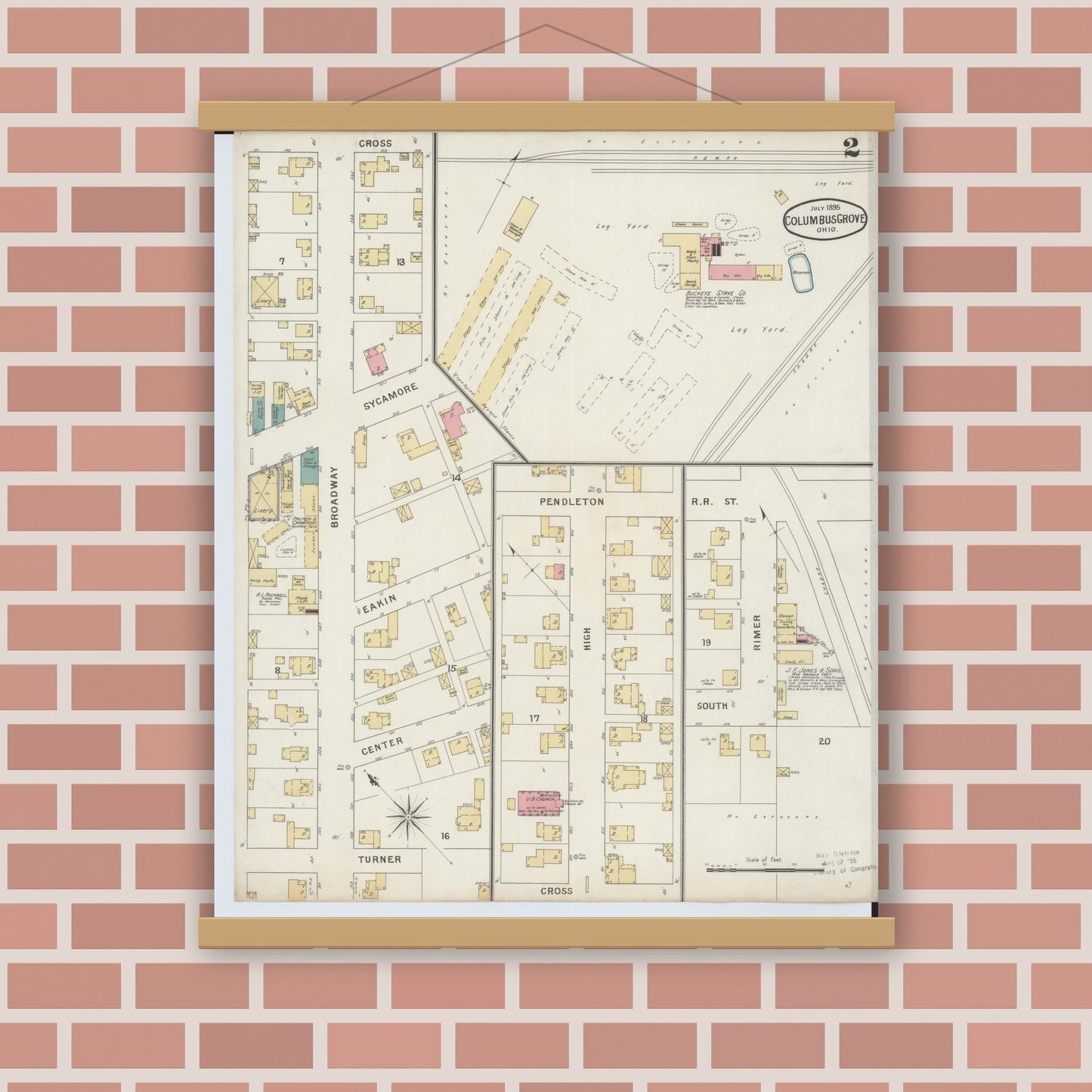 Old map wall art mockup — magnetic wood frame on brick wall — Sanborn Fire Insurance Map from Columbus Grove, Putnam County, Ohio (1895), Sheet #0002