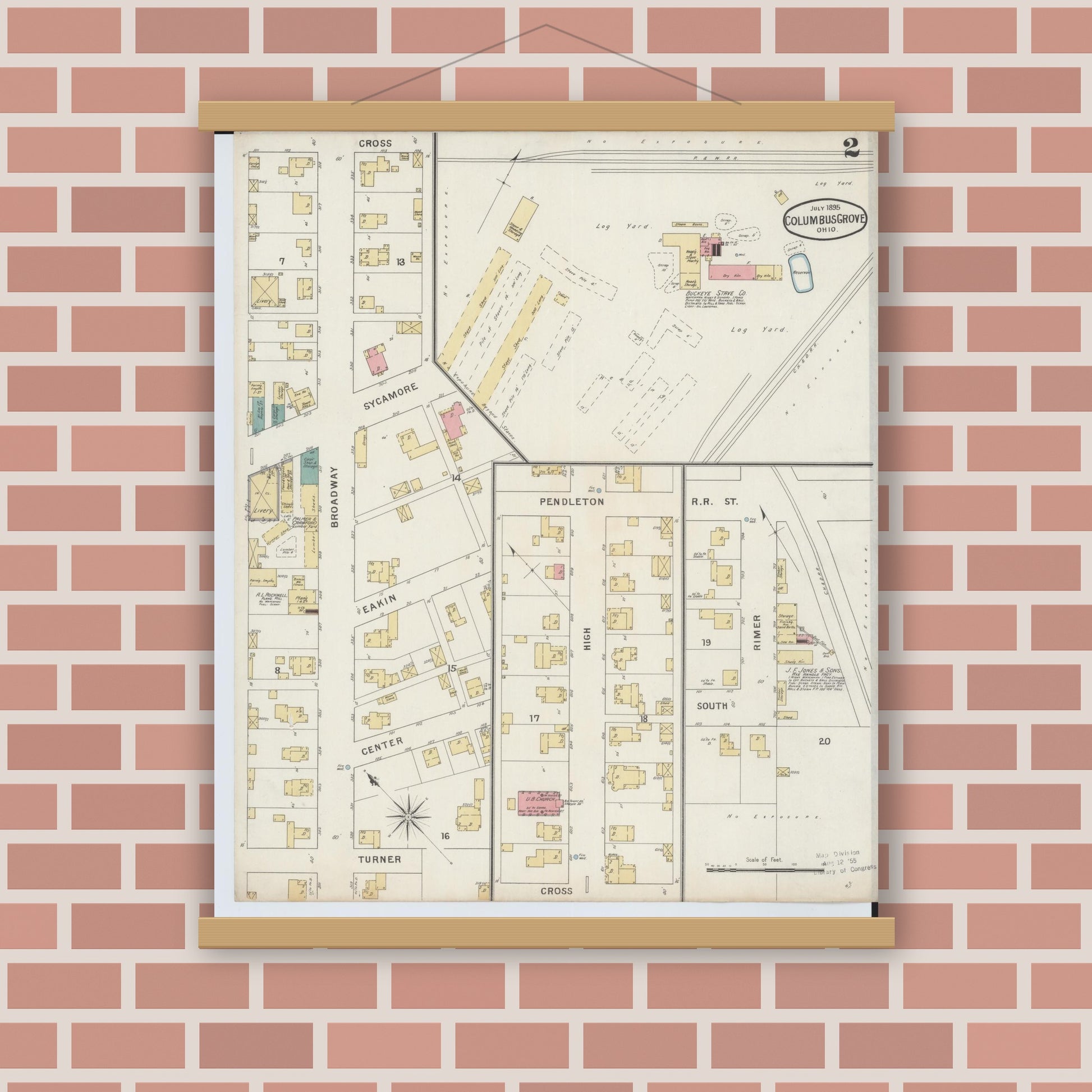 Old map wall art mockup — magnetic wood frame on brick wall — Sanborn Fire Insurance Map from Columbus Grove, Putnam County, Ohio (1895), Sheet #0002
