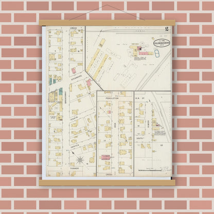 Old map wall art mockup — magnetic wood frame on brick wall — Sanborn Fire Insurance Map from Columbus Grove, Putnam County, Ohio (1895), Sheet #0002