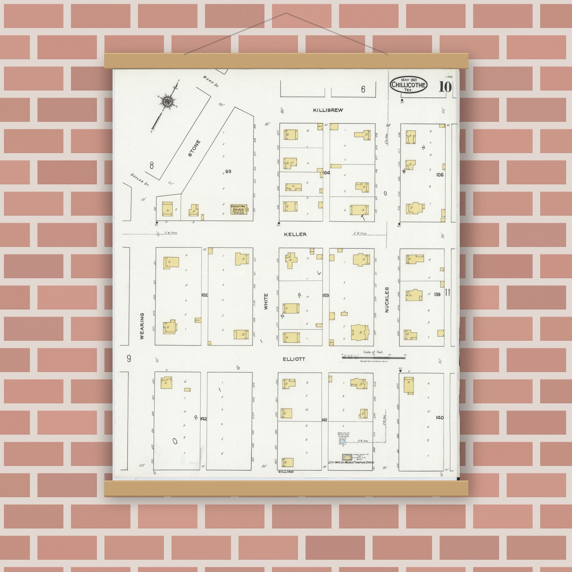 Old map wall art mockup — magnetic wood frame on brick wall — Sanborn Fire Insurance Map from Chillicothe, Hardeman County, Texas (1921), Sheet #0010