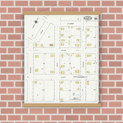 Old map wall art mockup — magnetic wood frame on brick wall — Sanborn Fire Insurance Map from Chillicothe, Hardeman County, Texas (1921), Sheet #0010