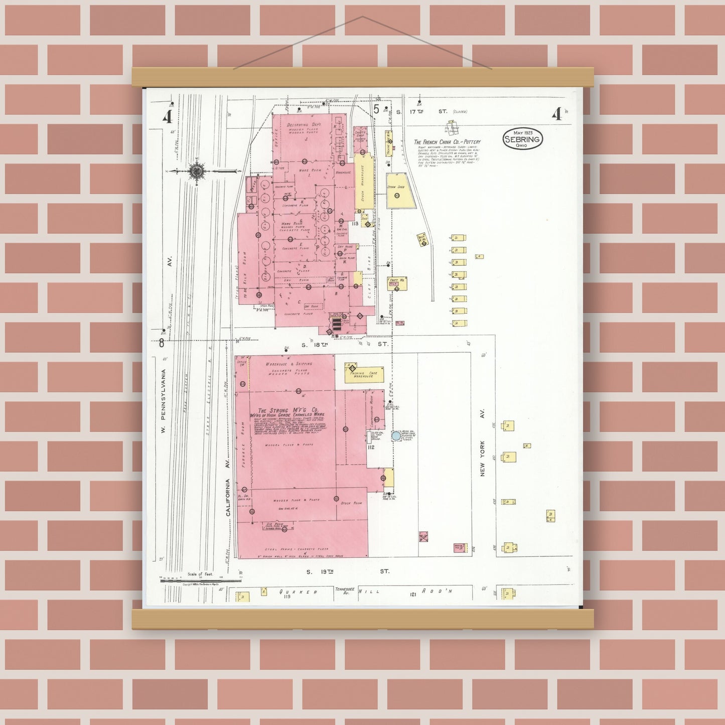 Old map wall art mockup — magnetic wood frame on brick wall — Sanborn Fire Insurance Map from Sebring, Mahoning County, Ohio (1923), Sheet #0004