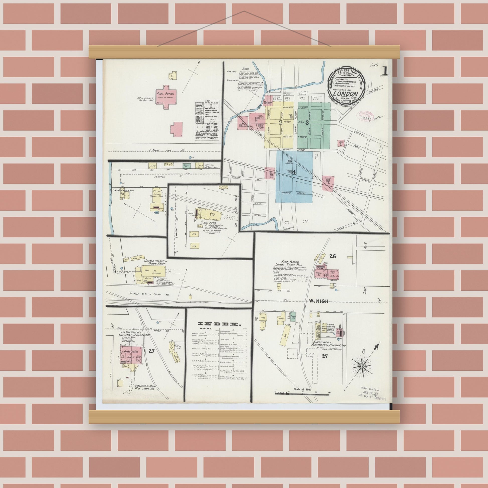 Old map wall art mockup — magnetic wood frame on brick wall — Sanborn Fire Insurance Map from London, Madison County, Ohio (1890), Sheet #0001