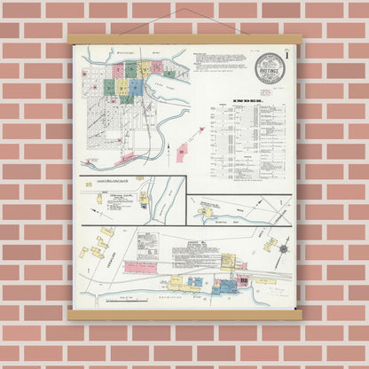 Old map wall art mockup — magnetic wood frame on brick wall — Sanborn Fire Insurance Map from Hastings, Dakota County, Minnesota (1910), Sheet #0001