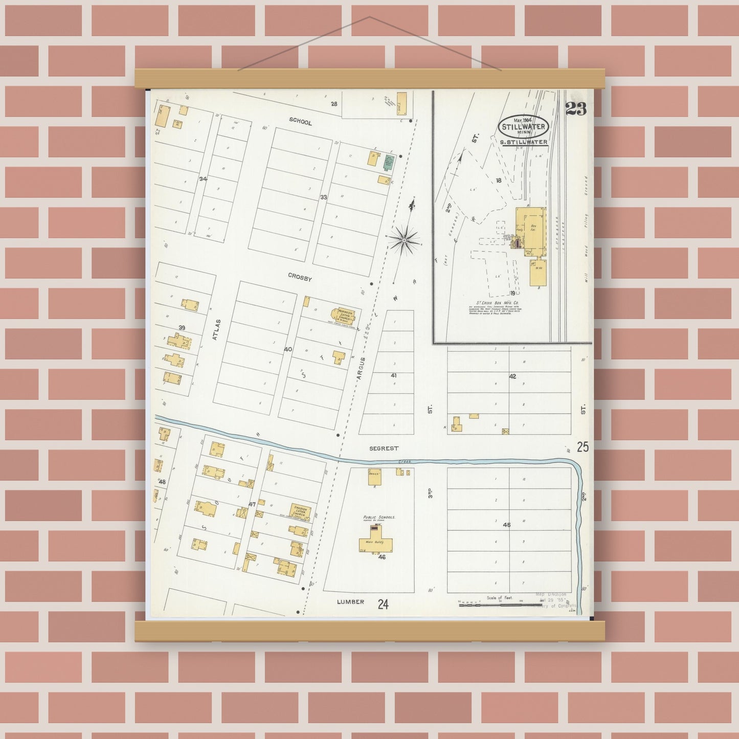 Old map wall art mockup — magnetic wood frame on brick wall — Sanborn Fire Insurance Map from Stillwater, Washington County, Minnesota (1904), Sheet #0023